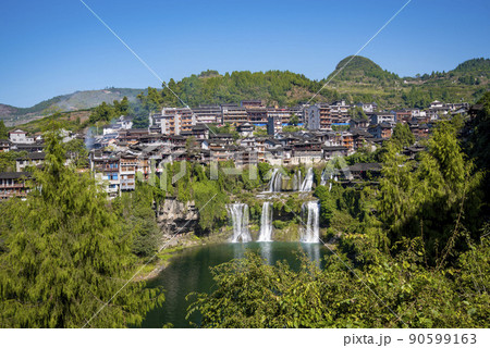 The Wangcun Waterfall at Furong Ancient Town. Amazing beautiful landscape scene of Furong Ancient Town (Furong Zhen, Hibiscus Town), China 90599163