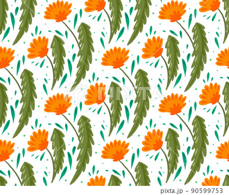 Seamless pattern with flat hand drawn dandelions with foliage on white background with dots and foliage. Vector natural texture with flowers. 90599753