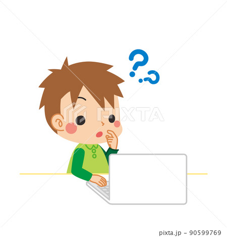 ノートパソコンの使い方が分からない可愛い男の子のイラスト 白背景 ベクター クリップアートのイラスト素材