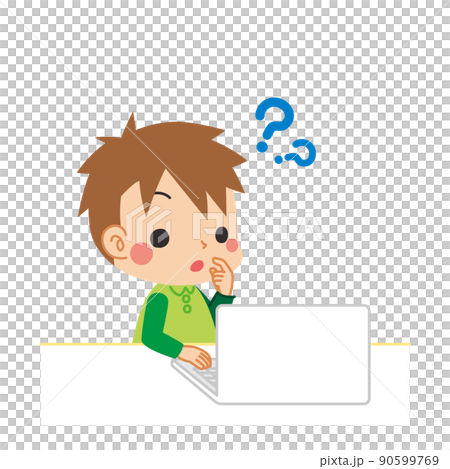 Illustration of a cute boy who does not know how to use a laptop White background Vector clip art 90599769