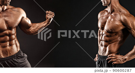 the very muscular handsome sexy guy on black background, naked torso 90600287