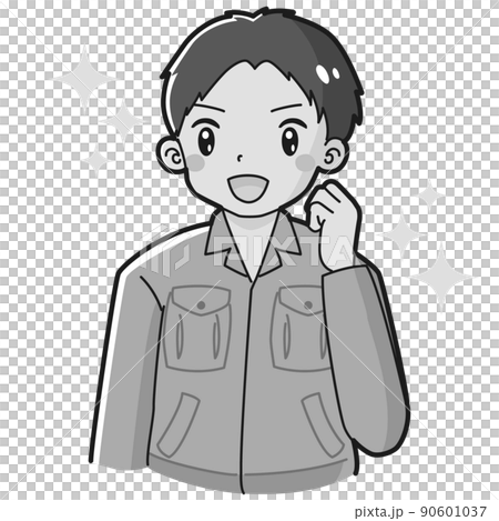 Illustration of a man wearing work clothes holding a fist (black and white) 90601037