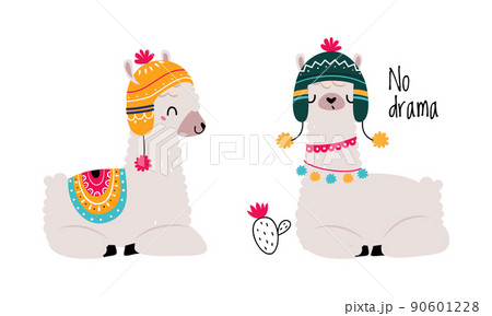 Pretty Wooly Llama or Alpaca Wearing Knitted Hat and Blanket Sitting Vector Set Pretty Wooly Llama or Alpaca Wearing Knitted Hat and Blanket Sitting Vector Set 90601228