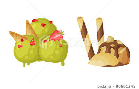 Chocolate and Pistachio Cream Ball as Ice Cream Top Vector Set Chocolate and Pistachio Cream Ball as Ice Cream Top Vector Set 90601245