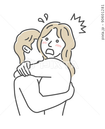 裸で抱き合う男女 上半身 (SEX ・セックス・性行為) / 焦る・驚く・戸惑う 90601281