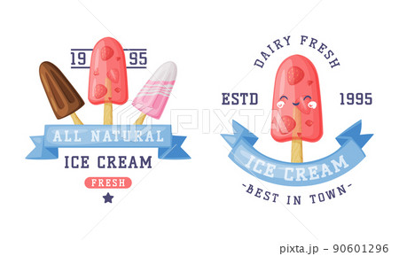 Ice Cream Emblem and Badge with Ribbon and Frozen Dessert Vector Template Set 90601296
