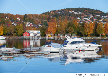 Norwegian coastal landscape with moored boats 90601604