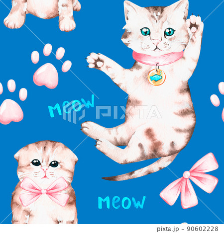Cute grey kittens. Seamless pattern. Watercolor illustration. Isolated on a blue background. Cute grey kittens. Seamless pattern. Watercolor illustration. Isolated on a blue background. 90602228
