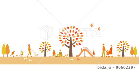 秋の公園と紅葉の木　人々　風景 90602297