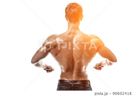 Strong Athletic Man Fitness Model posing back muscles, triceps o Strong Athletic Man Fitness Model posing back muscles, triceps o 90602418