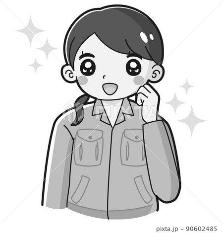 ガッツポーズをする作業服を着た女性のイラスト（白黒） 90602485