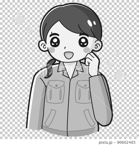ガッツポーズをする作業服を着た女性のイラスト（白黒） 90602485