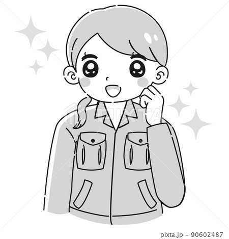 ガッツポーズをする作業服を着た女性のイラスト（白黒） 90602487