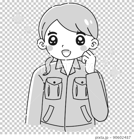 ガッツポーズをする作業服を着た女性のイラスト（白黒） 90602487