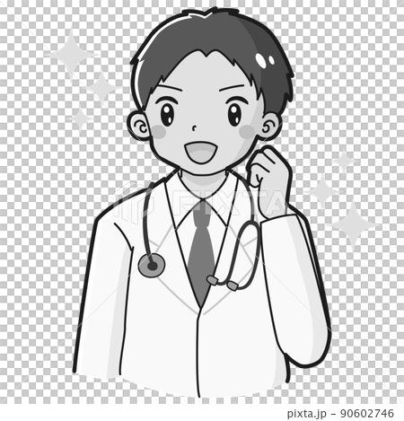 一個穿白大褂的男人做膽量姿勢(用聽診器)黑白相間的插圖 一個穿白大褂的男人做膽量姿勢(用聽診器)黑白相間的插圖 90602746