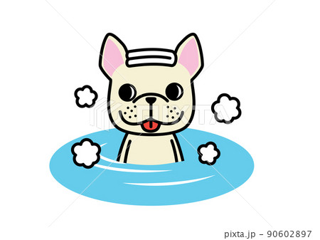 頭にタオルを乗せてお風呂につかっているフレンチブルドッグ　クリーム 90602897