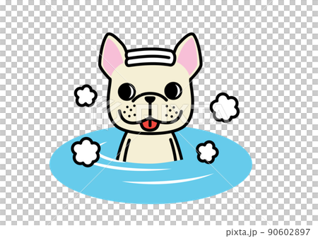 頭にタオルを乗せてお風呂につかっているフレンチブルドッグ　クリーム 90602897