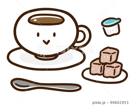 コーヒーのかわいいキャラクターと砂糖ミルクセットのイラストのイラスト素材