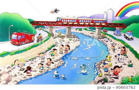 川で遊ぶ子こどもたちと鉄橋を走る電車 90603762