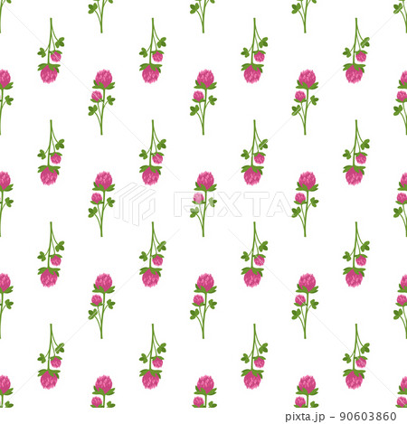 Seamless spring pattern with clover flower with pink petals and green shamrock leaves on white background. Summer plant print. Vector flat illustration Seamless spring pattern with clover flower with pink petals and green shamrock leaves on white background. Summer plant print. Vector flat illustration 90603860