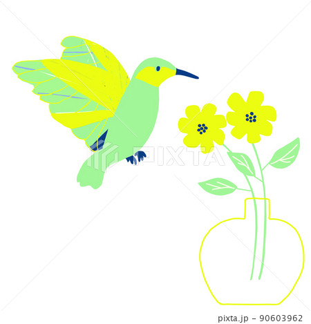 羽ばたく鳥とガラスの花瓶に入った黄色い花 90603962