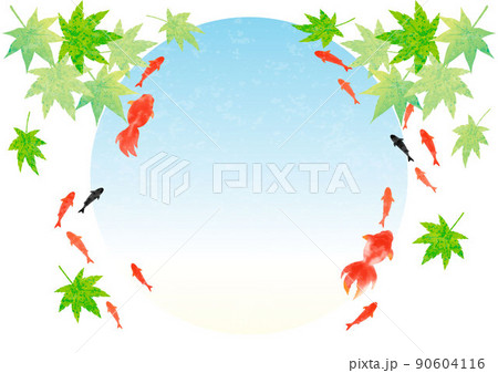 フレーム 夏 金魚 もみじ 和風 和柄 和モダン 水彩 コピースペース 背景 イラスト素材のイラスト素材