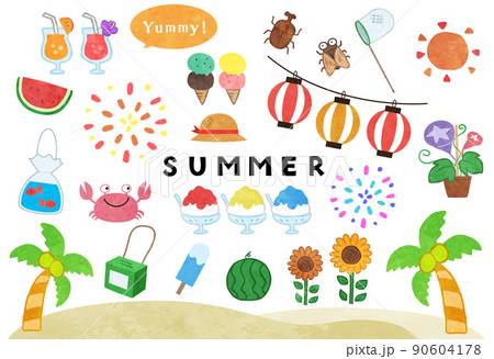 夏の水彩風イラスト素材・アイコンセット　線なし 90604178
