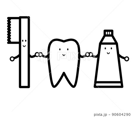 歯と歯ブラシと歯磨き粉のキャラクターのイラストのイラスト素材