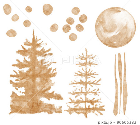Watercolor forest set. Brown line art drawing. Abstract Watercolor forest set. Brown line art drawing. Abstract 90605332