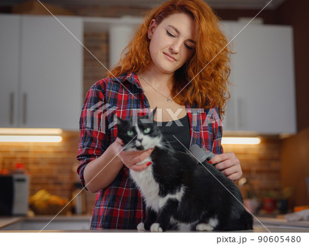 woman cat grooming at home woman cat grooming at home 90605480