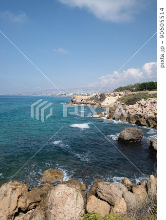 Sea landscape, sea waves crashing against the rocks, Tantura nature reserve, Cyprus Sea landscape, sea waves crashing against the rocks, Tantura nature reserve, Cyprus 90605514