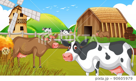 Outdoor cow farm scene with happy animals cartoon 90605979