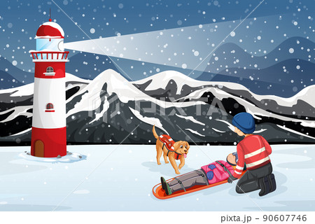 Snow scene with firerman rescue in cartoon style Snow scene with firerman rescue in cartoon style 90607746