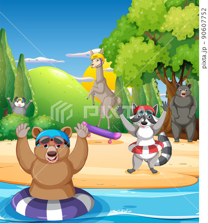 Beach scene with different kinds of animals 90607752