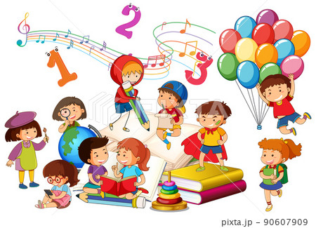 A children are reading books on a stack of books A children are reading books on a stack of books 90607909