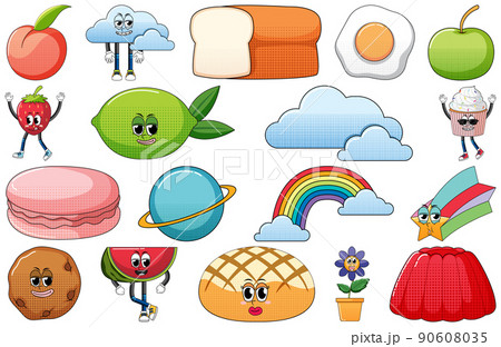 Set of facial expression with vintage style food cartoon on white background 90608035