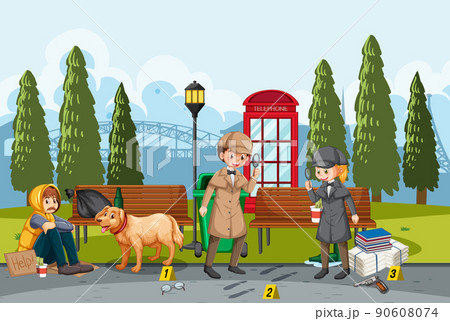 Detective looking for clues with magnifying glass in park background Detective looking for clues with magnifying glass in park background 90608074