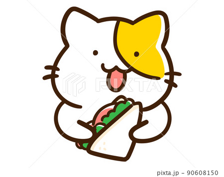 サンドイッチを食べるかわいいねこのデフォルメイラストのイラスト素材 サンドイッチを食べるかわいいねこのデフォルメイラストのイラスト素材