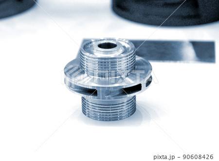 Model object of a large industrial part printed on a 3D printer from metal close-up. New modern progressive additive 3D printing technology. Industry factory plant manufacturing metalwork industrial 90608426