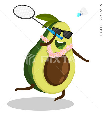 Cheerful avocado fruit playing badminton. Delicious and wholesome foods, vegetables and fruits. Healthy lifestyle. Cartoon vector isolated on white background 90608435