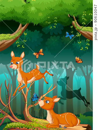 Nature scene with many trees and animals 90610047