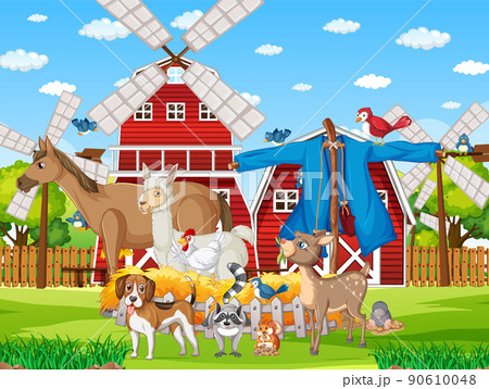 Farm scene many animals by the barn Farm scene many animals by the barn 90610048