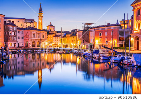 Piran, Slovenia - Marina twilight view with St George church reflection 90610886