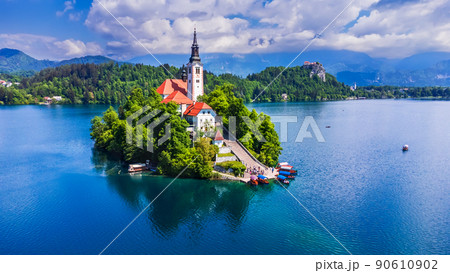 Bled, Slovenia - Julian Alps and Church Santa Maria, Lake Bled 90610902