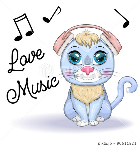 Cartoon cat music lover in headphones listens to music, concert. Cute child character, symbol of 2023 new chinese 90611821