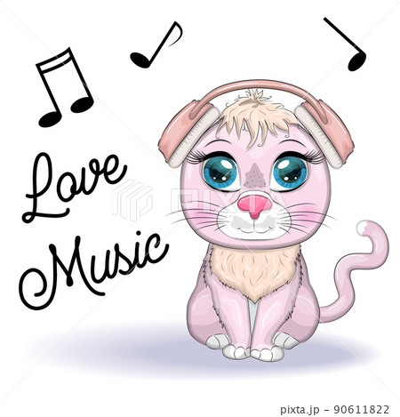 Cartoon cat music lover in headphones listens to music, concert. Cute child character, symbol of 2023 new chinese 90611822