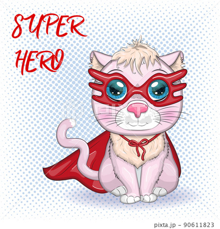 Cartoon cat superhero in a red cloak and mask. Cute child character, symbol of 2023 new chinese year 90611823