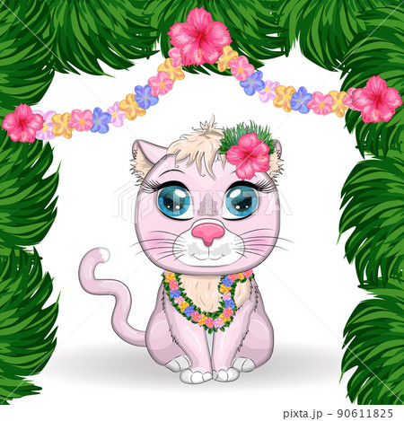 Cartoon cat dressed as a hula dancer under the ukulele, Hawaii. Summer, vacation. Cute child character, symbol of 2023 90611825