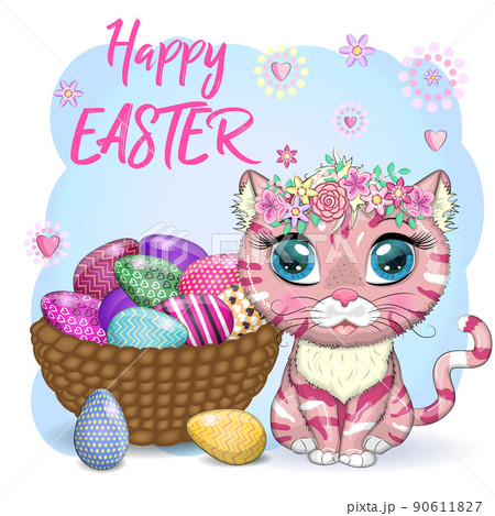 Cute cartoon Cat near a beautiful Easter basket full of eggs. Happy Easter card 90611827