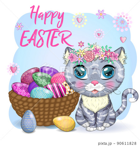 Cute cartoon Cat near a beautiful Easter basket full of eggs. Happy Easter card 90611828